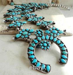 VINTAGE 1940'S 29 SILVER MULTI TURQUOISE NAJA 16 SQUASH BLOSSOM NECKLACE 240g