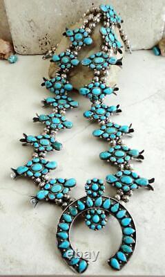 VINTAGE 1940'S 29 SILVER MULTI TURQUOISE NAJA 16 SQUASH BLOSSOM NECKLACE 240g