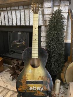 Vintage 1930s Regal Supertone Asian Parlor Guitar USA Made Rare! Pearl Fretboard