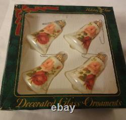 Vintage Christmas Ornaments Made USA Glass Hand Made Gorgeous Roses Bells In Box