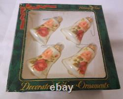 Vintage Christmas Ornaments Made USA Glass Hand Made Gorgeous Roses Bells In Box