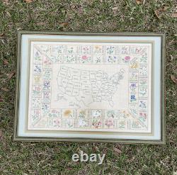 Vintage FRAMED Embroidered USA Map Of States & State Flowers