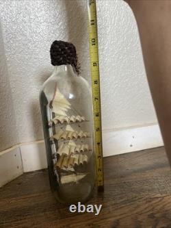 Vintage Hand Made Folk Art Decor Ship in a Bottle 5-mast Bark