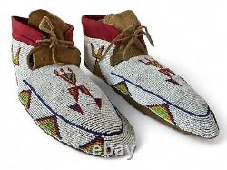Vintage Native American Indian Cree Multicolor Beaded Hide Moccasins
