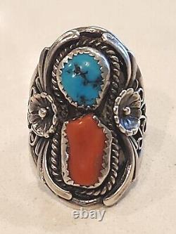 Vintage Native American Turquoise & Coral Sterling Silver Ring By Silver Cloud