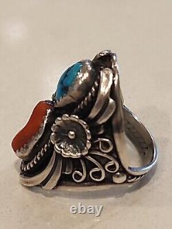 Vintage Native American Turquoise & Coral Sterling Silver Ring By Silver Cloud
