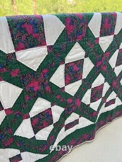 Vintage OOAK hand made cottage core diamond square patchwork quilt queen sz