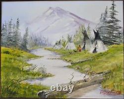 Vintage Original Oil On Canvas Native American Encampment Landscape Painting