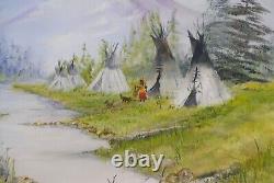 Vintage Original Oil On Canvas Native American Encampment Landscape Painting