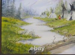 Vintage Original Oil On Canvas Native American Encampment Landscape Painting