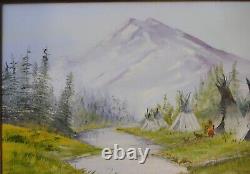 Vintage Original Oil On Canvas Native American Encampment Landscape Painting