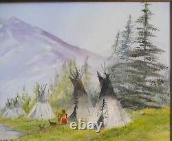 Vintage Original Oil On Canvas Native American Encampment Landscape Painting