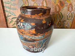 Vintage Ozark Roadside Tourist Stoneware Pottery Crock Vase Orange and Gray