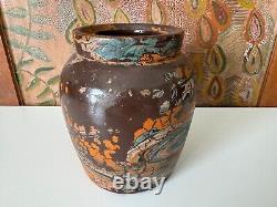 Vintage Ozark Roadside Tourist Stoneware Pottery Crock Vase Orange and Gray