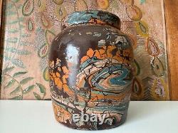 Vintage Ozark Roadside Tourist Stoneware Pottery Crock Vase Orange and Gray