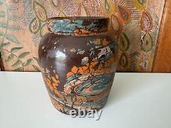 Vintage Ozark Roadside Tourist Stoneware Pottery Crock Vase Orange and Gray