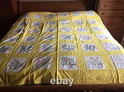Vintage USA 48 STATES Flowers Embroidered Bedspread Yellow and White