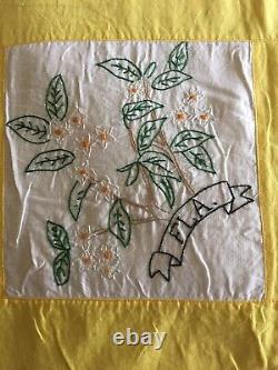 Vintage USA 48 STATES Flowers Embroidered Bedspread Yellow and White