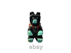 Vintage Zuni Bear Sitting Fetish Turquoise Coral and Jet Signed FM