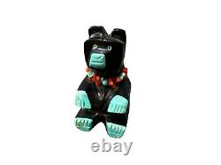 Vintage Zuni Bear Sitting Fetish Turquoise Coral and Jet Signed FM