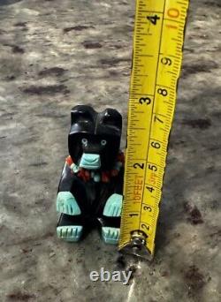 Vintage Zuni Bear Sitting Fetish Turquoise Coral and Jet Signed FM
