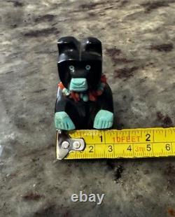 Vintage Zuni Bear Sitting Fetish Turquoise Coral and Jet Signed FM