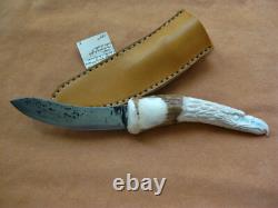 Vtg Handmade Eagle Head Elk Antler Camping Knife Buffalo Sheath Unused USA