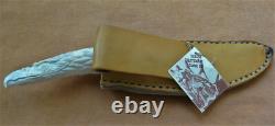 Vtg Handmade Eagle Head Elk Antler Camping Knife Buffalo Sheath Unused USA