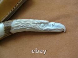 Vtg Handmade Eagle Head Elk Antler Camping Knife Buffalo Sheath Unused USA
