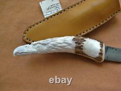 Vtg Handmade Eagle Head Elk Antler Camping Knife Buffalo Sheath Unused USA