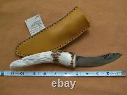 Vtg Handmade Eagle Head Elk Antler Camping Knife Buffalo Sheath Unused USA
