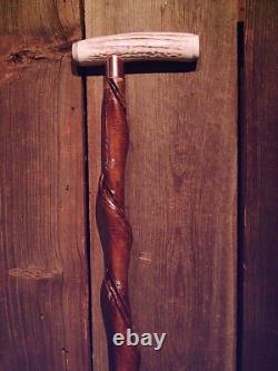 Walking stick STAG ANTLER HANDLE VINE SPIRALED wood shaft custom made in the USA