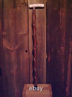 Walking stick STAG ANTLER HANDLE VINE SPIRALED wood shaft custom made in the USA