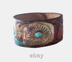 Western Silver Concho Turquoise Hand Made Bracelet Vintage Tooled LEATHER USA