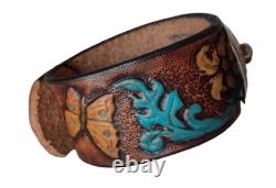 Western Silver Concho Turquoise Hand Made Bracelet Vintage Tooled LEATHER USA