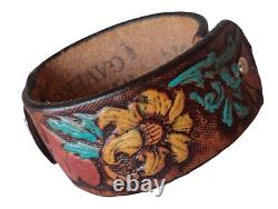 Western Silver Concho Turquoise Hand Made Bracelet Vintage Tooled LEATHER USA