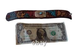 Western Silver Concho Turquoise Hand Made Bracelet Vintage Tooled LEATHER USA