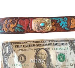 Western Silver Concho Turquoise Hand Made Bracelet Vintage Tooled LEATHER USA