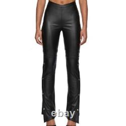Women's Genuine Lambskin Black Leather Side Snap Trousers High-waist Skinny Pant
