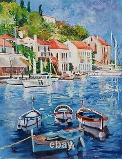 YARY DLUHOS Italy Mediterranean Amalfi Port Sea Boats Original Art Oil Painting