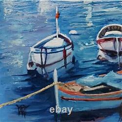 YARY DLUHOS Italy Mediterranean Amalfi Port Sea Boats Original Art Oil Painting