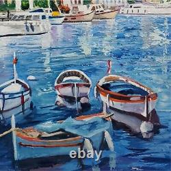 YARY DLUHOS Italy Mediterranean Amalfi Port Sea Boats Original Art Oil Painting