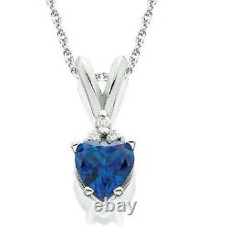 1/2ct Pendentif Coeur Diamant & Saphir Bleu 14k Or Blanc