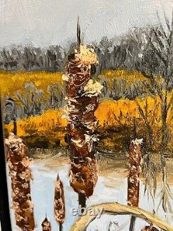 Andrew J Jones Art, 11x14, Peinture à l'huile, Étang, Automne, Massettes, impressionniste