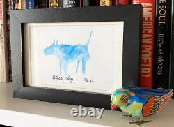 Blue Dog Original New Folk Art Matted & Framed Behind Glass Aquarelle