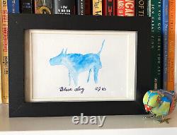 Blue Dog Original New Folk Art Matted & Framed Behind Glass Aquarelle