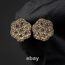 Boucles d'oreilles clou en or jaune 14 carats authentiques avec petit bouquet de diamants naturels