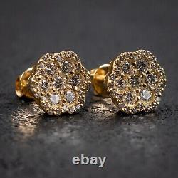 Boucles d'oreilles clou en or jaune 14 carats authentiques avec petit bouquet de diamants naturels
