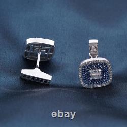 Boutons de manchette en halo pour hommes en saphir bleu créé en laboratoire et diamant, plaqués or blanc 14 carats