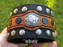 Bracelet en cuir de bison véritable avec un nickel indien Buffalo de 1937 et une pierre d'onyx